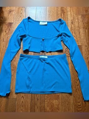 Dolls Kill Blue Ribbed Long Sleeve Crop Top & Mini Skirt Set